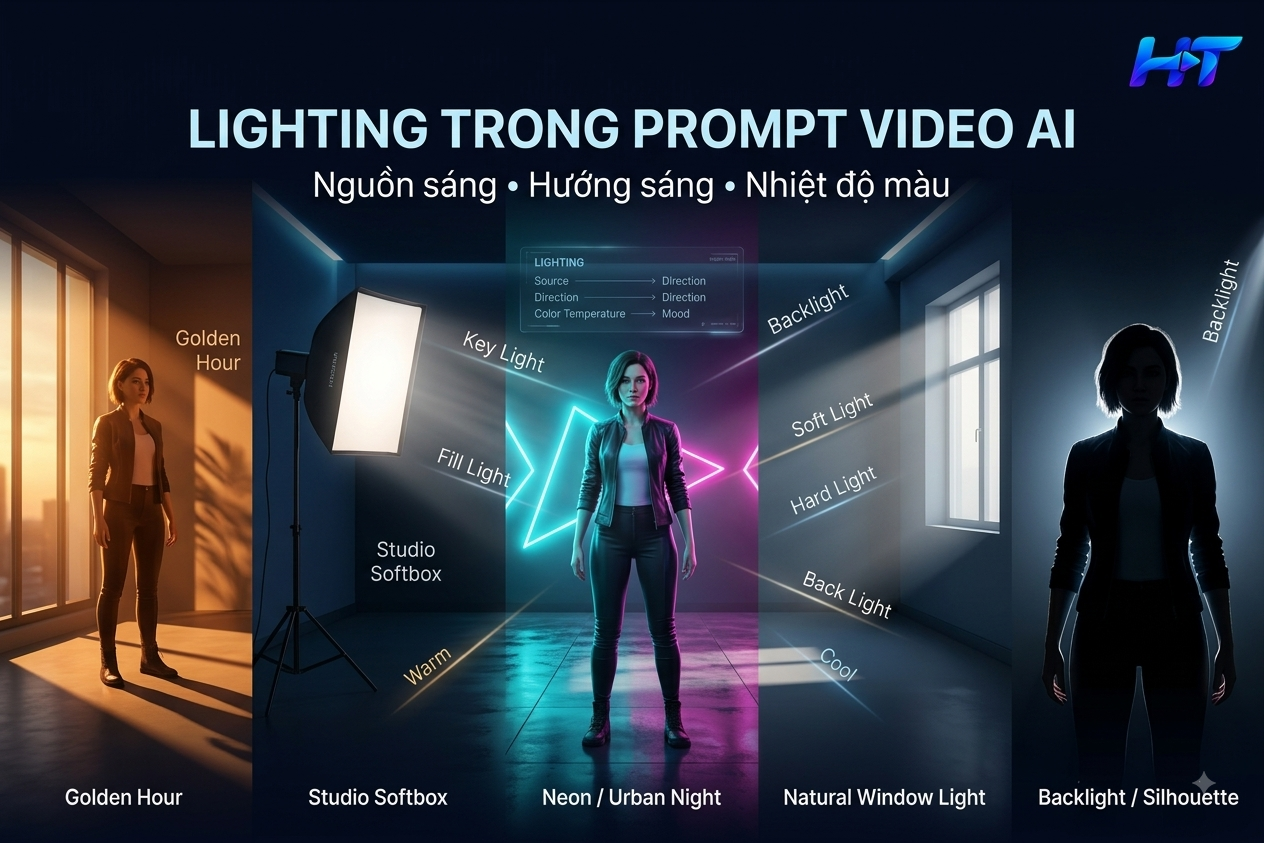 Bảng so sánh các kiểu ánh sáng: giờ vàng, studio, neon