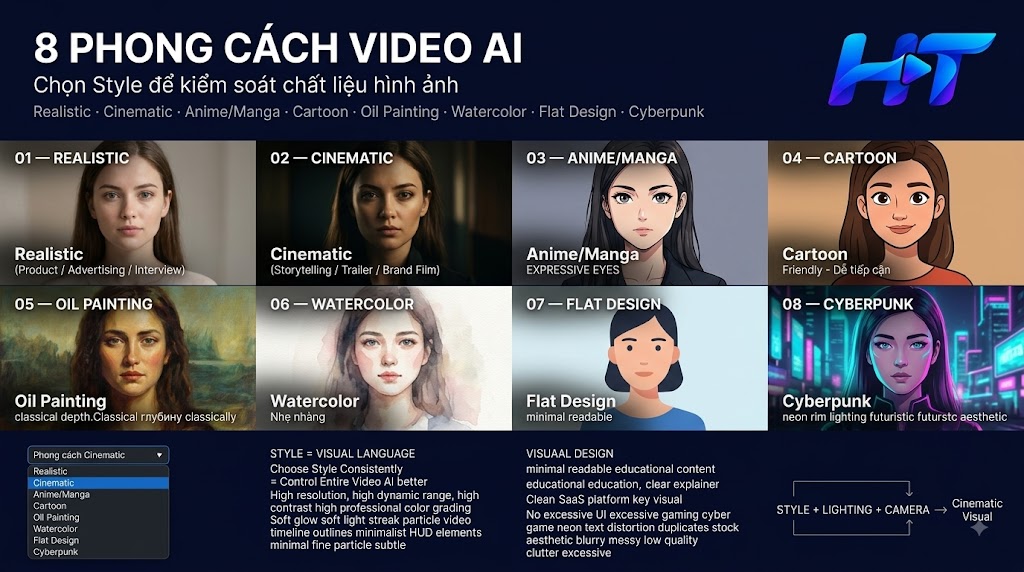 Tám phong cách hình ảnh khác nhau xếp thành lưới lựa chọn