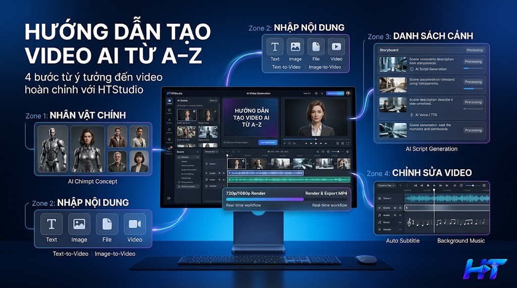 Sơ đồ 4 mục quy trình tạo video AI: nhân vật, nội dung, cảnh, chỉnh sửa